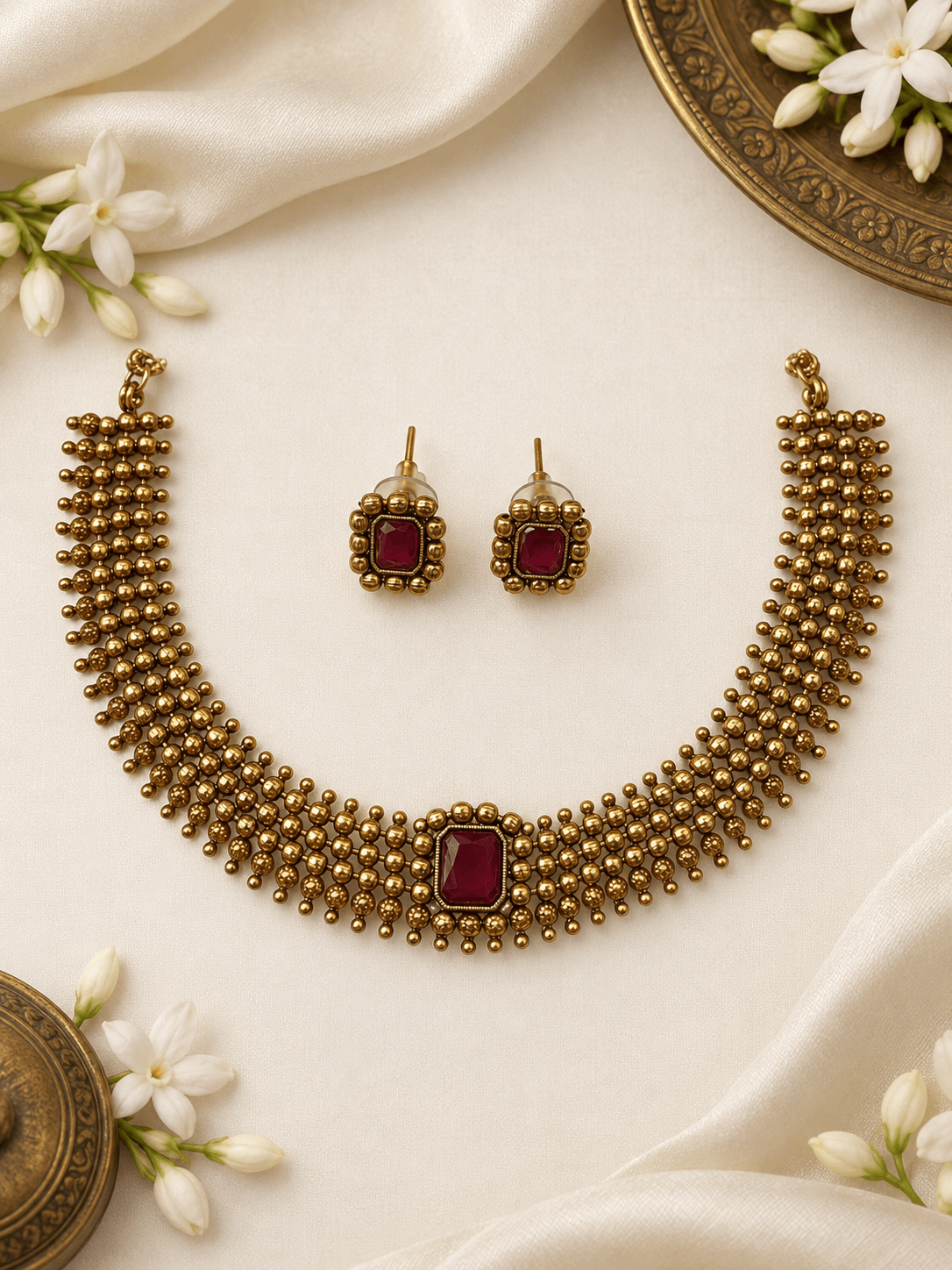 Antique Maroon Stone Beaded Choker Set