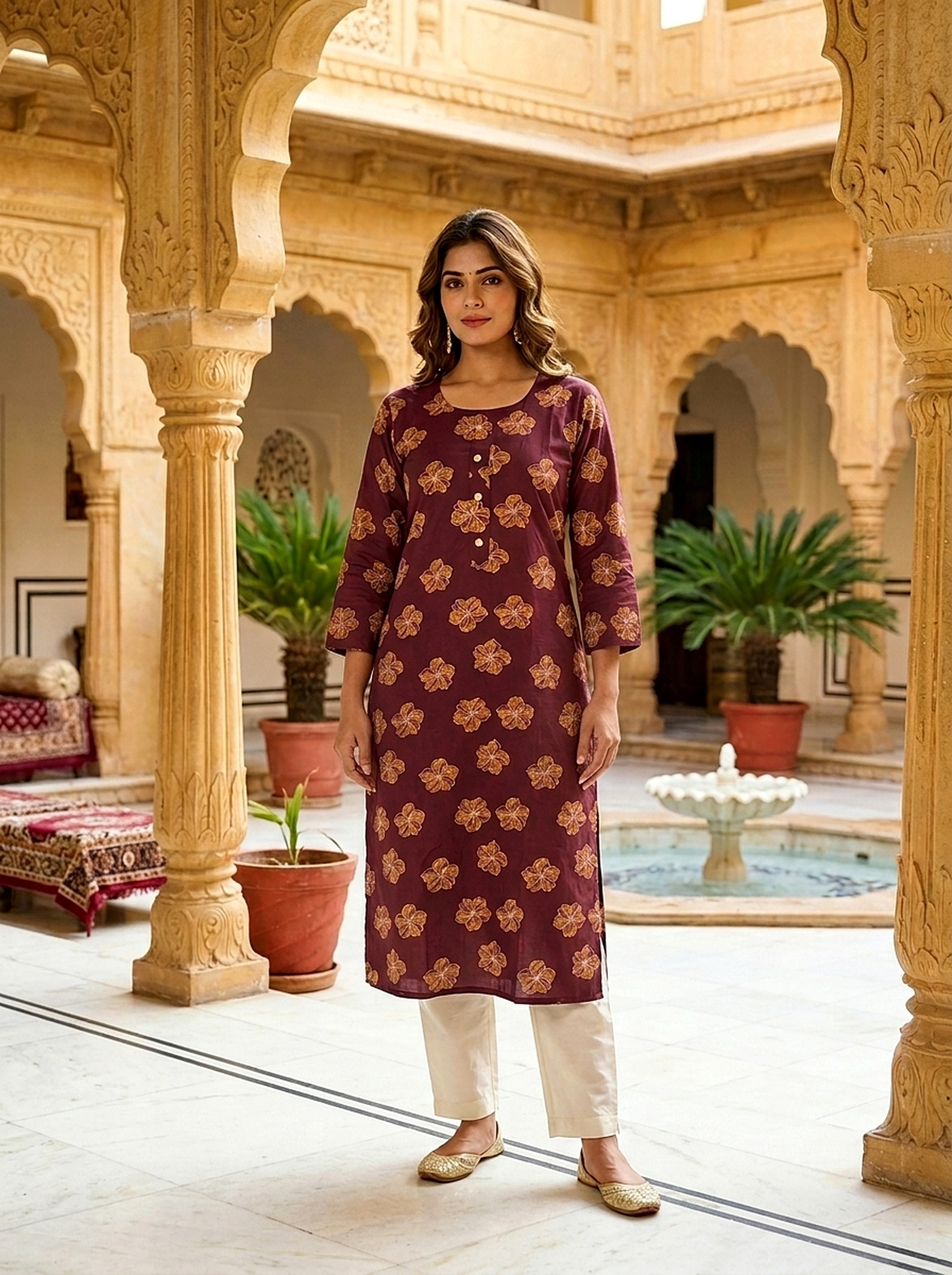 Burgundy Blossom Printed Rayon Kurta