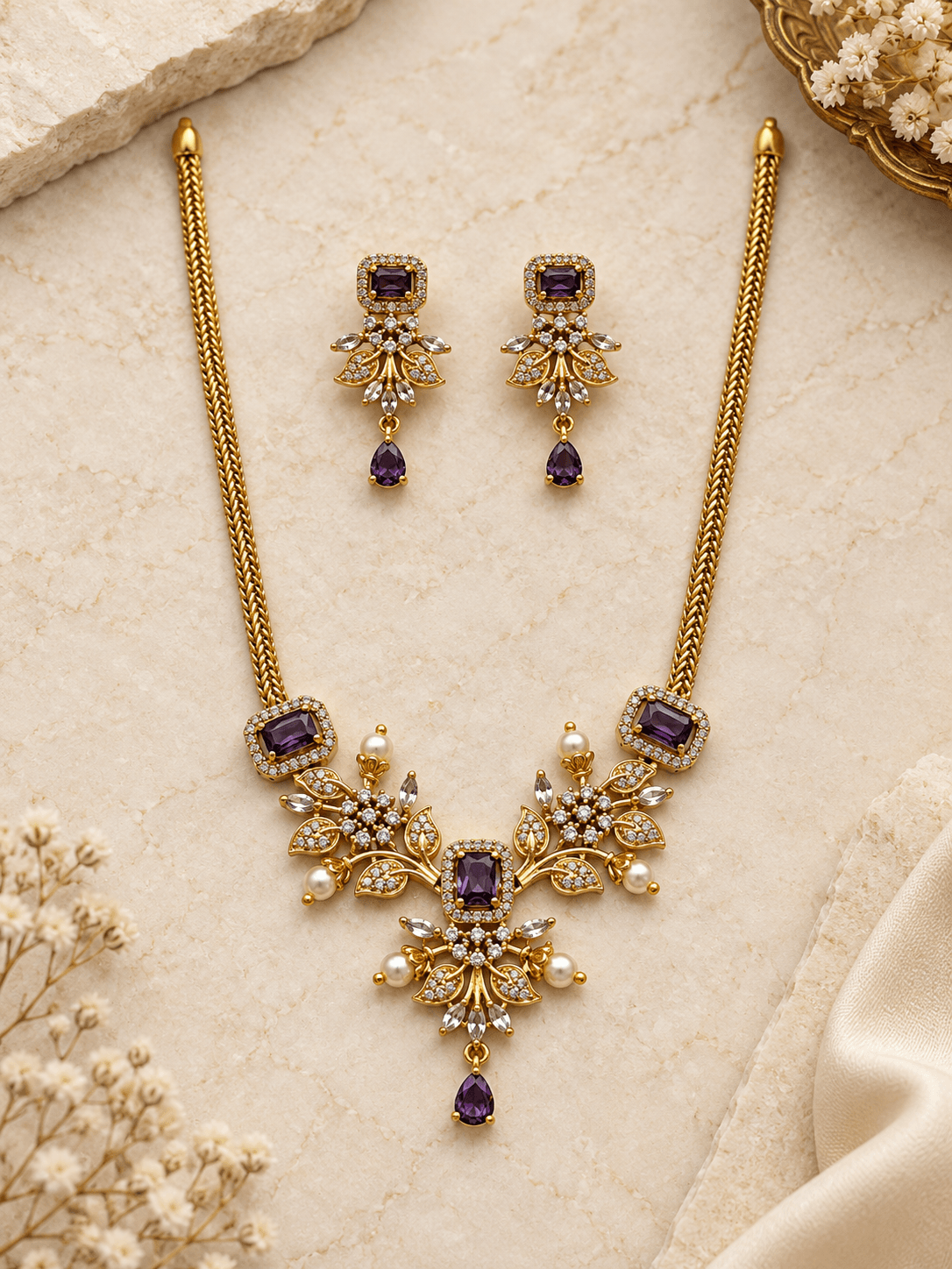 Crystal Vine Pearl Drop Short Necklace Set
