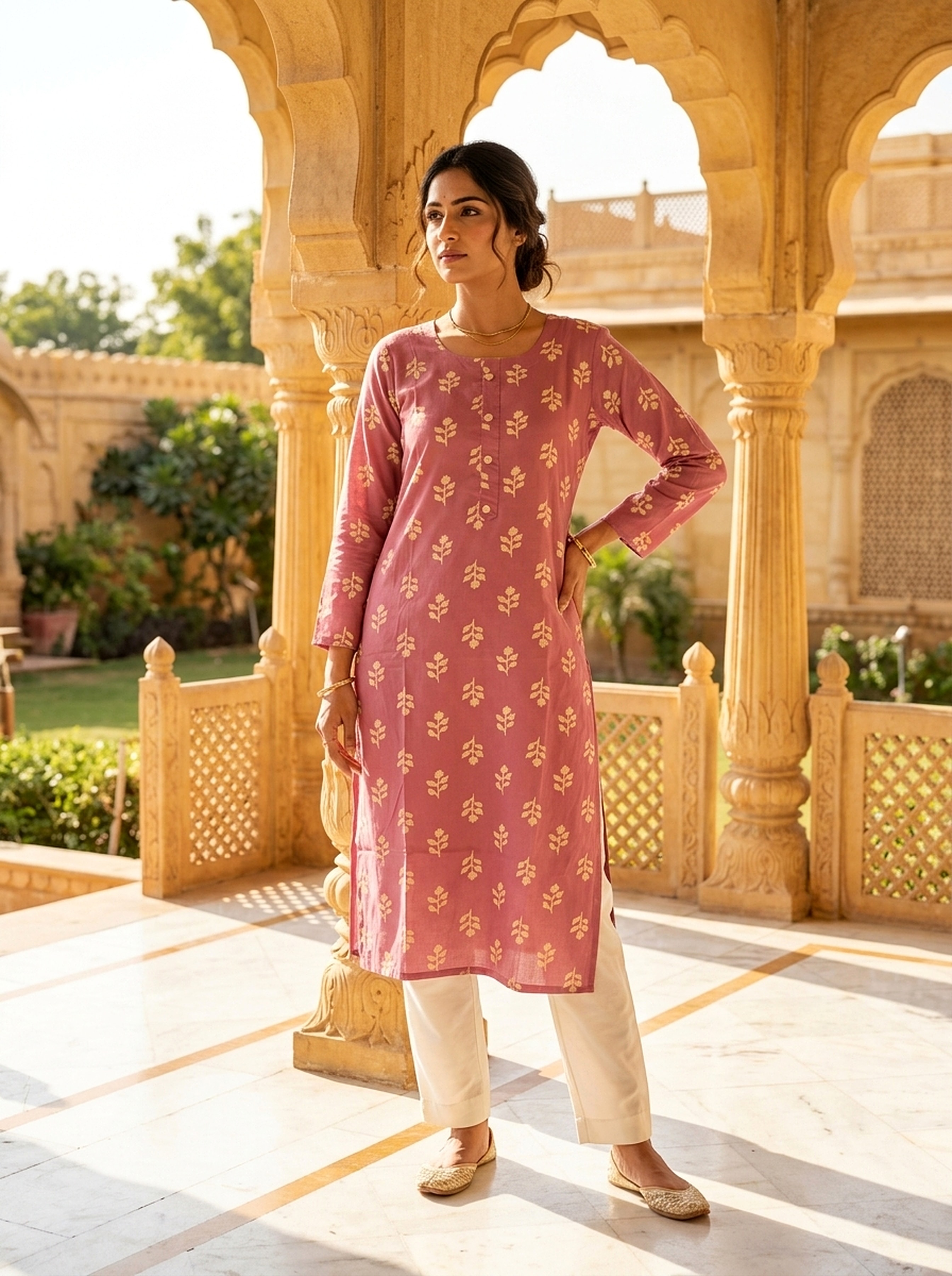 Rosewood Leaf Printed Rayon Kurta